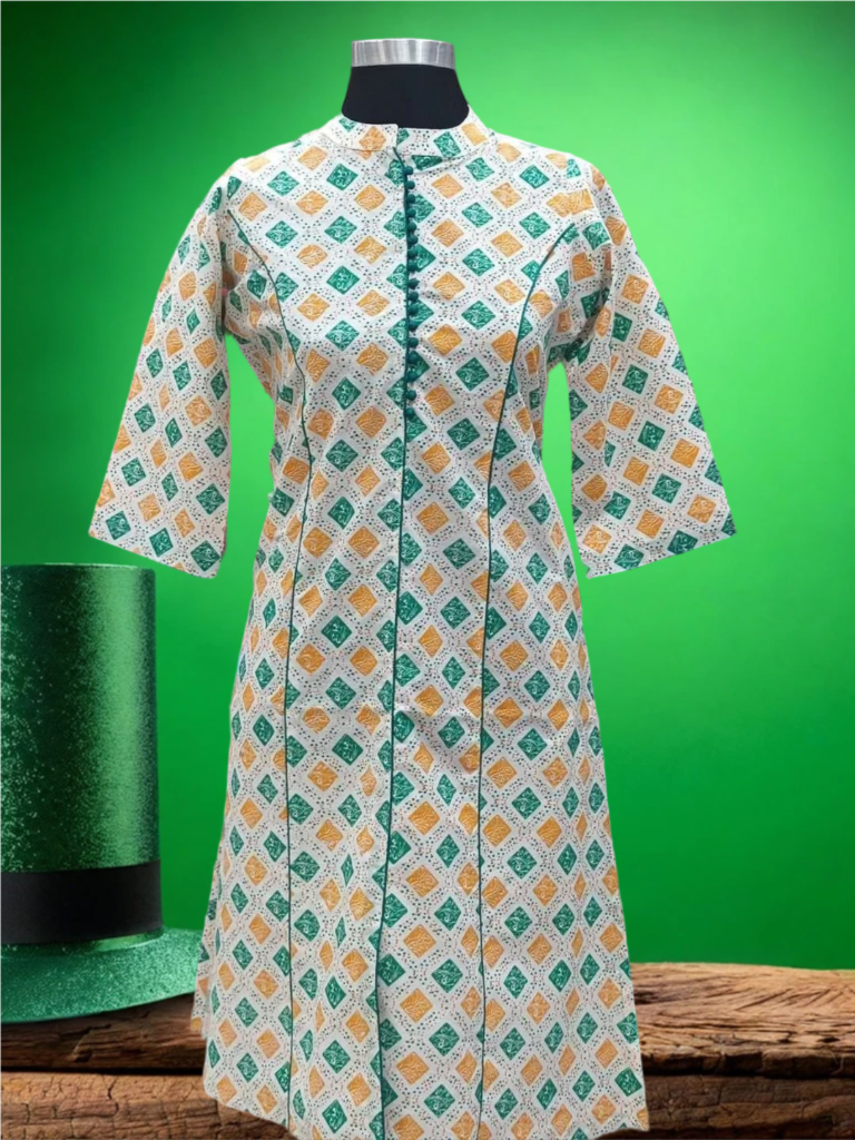 স্টাইলিশ সাদা প্রিন্টেড কটন কুর্তি (সবুজ ও মস্টার্ড ডিজাইন)